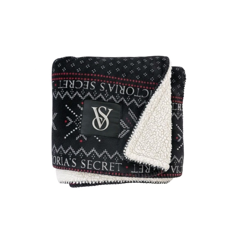 Victoria's Secret Sherpa Blanket Black Fair Isle Snowflake Throw 50x60 Fleece